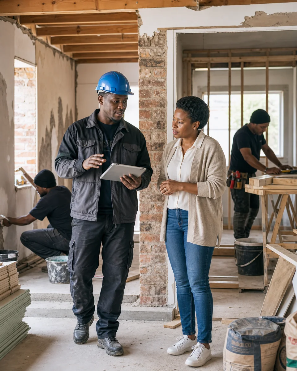 Yaleza site manager reviewing renovation progress with a homeowner